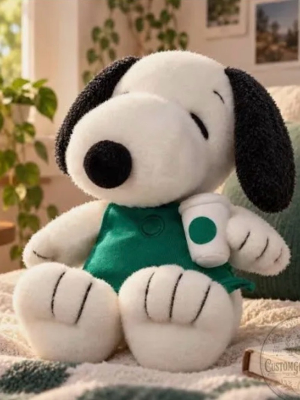 Starbucks White & Black Snoopy Plush with Green Apron and Cup